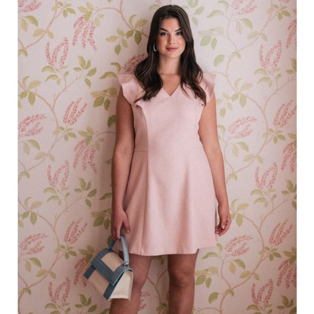 Gal Meets Glam Flutter Short Sleeve V-Neck Laurie Mini Dress Tweed Pink 8 Petite